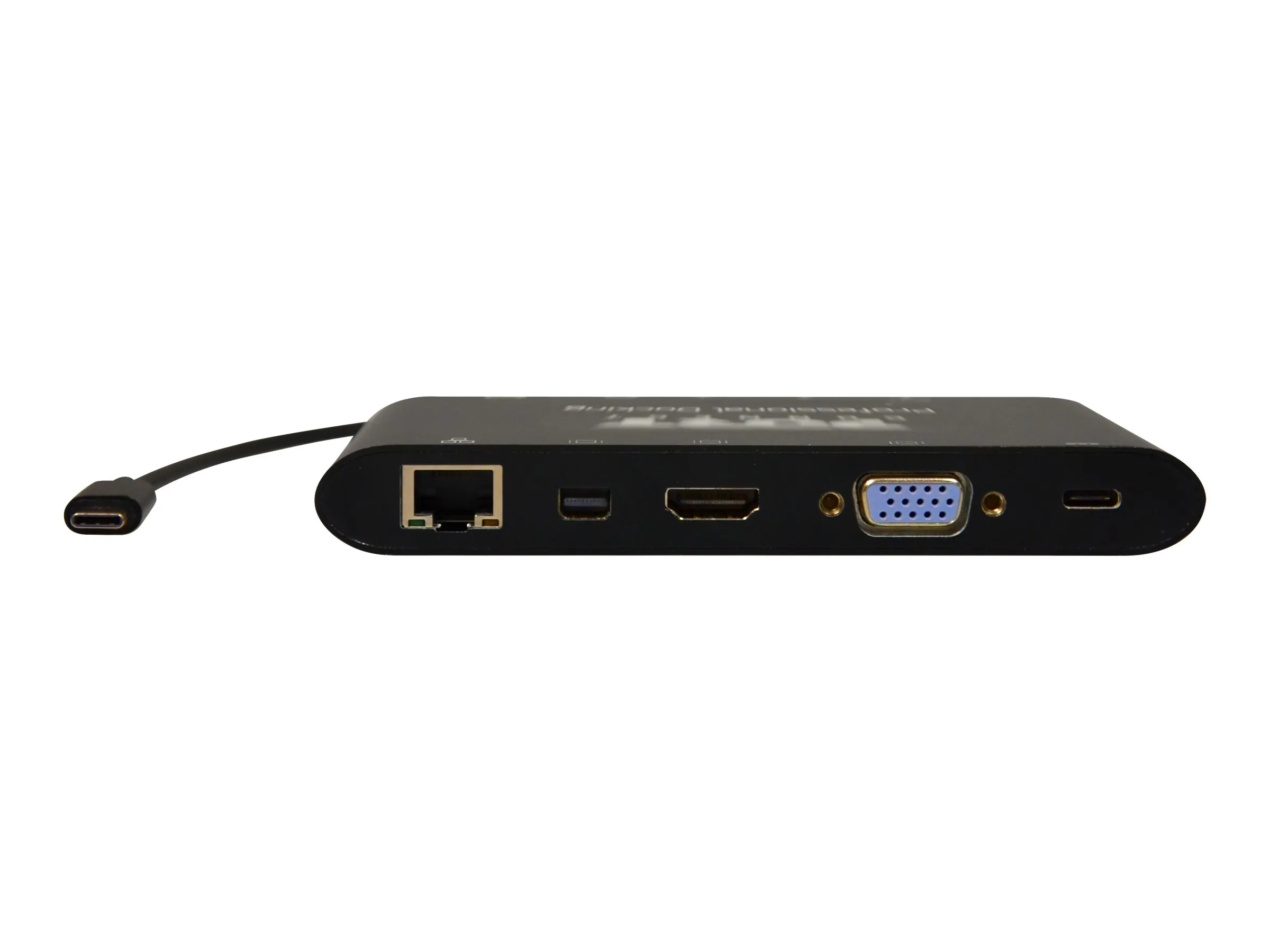 USB-C Travel Dockingadapter mit Ethernet-, HDMI-, VGA- und USB-Anschlüssen in Rückansicht