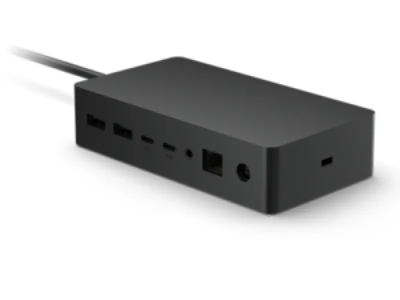 Microsoft Surface Dockingstation schräg dargestellt mit mehreren Anschlüssen und Verbindungskabel.