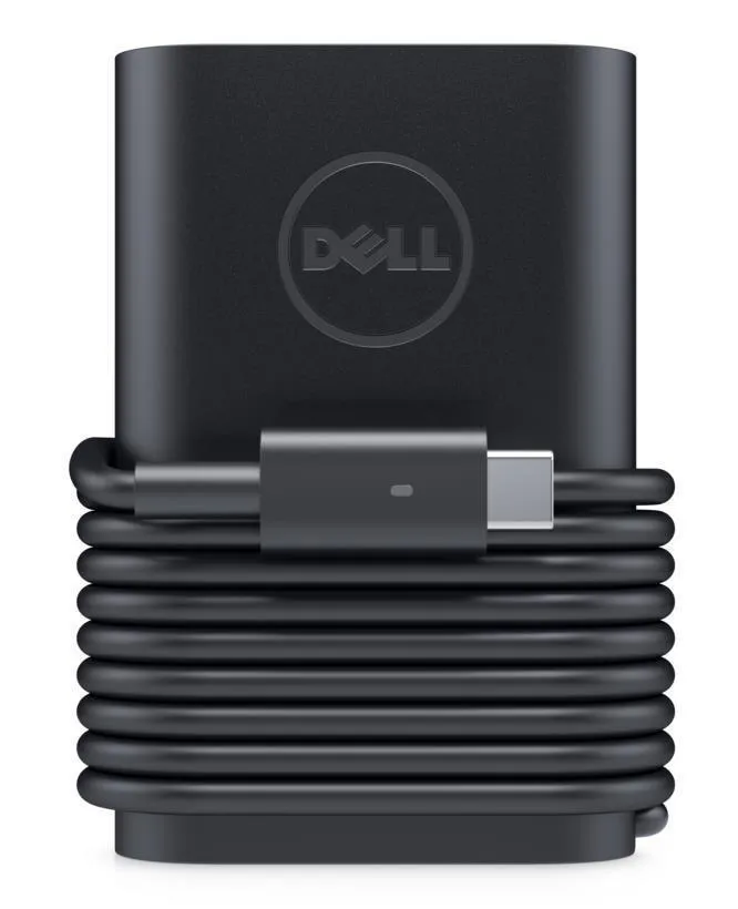 Dell Stromadapter mit festem Kabelmanagement, USB-C-Stecker im Vordergrund
