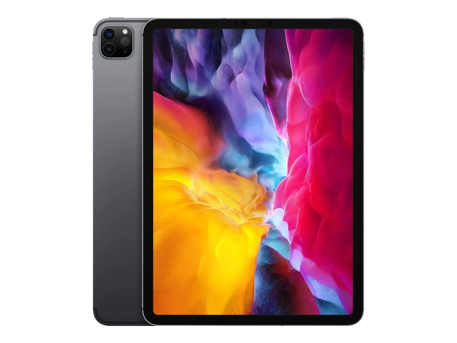 Apple iPad Pro mit farbenfrohem Display, Vorder- und Rückseite sichtbar, Rückkamera oben links