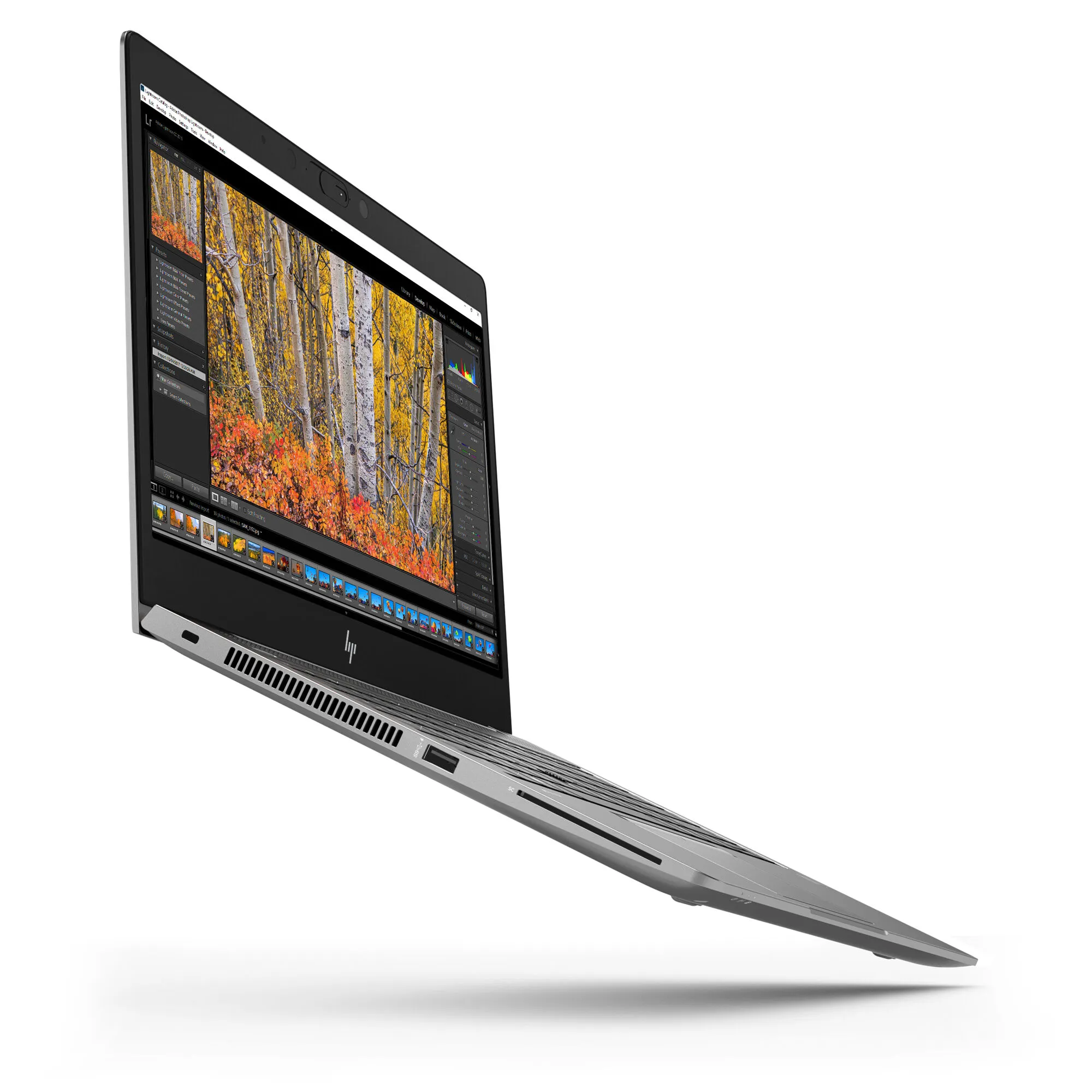 Seitlich gezeigtes, aufgeklapptes HP ZBook 14U mit geöffnetem Bildschirm