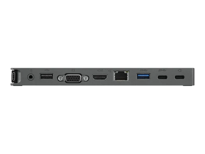Nahaufnahme der Anschlussleiste einer Lenovo Mini Dockingstation mit USB-C, HDMI, VGA, Ethernet und USB-Ports