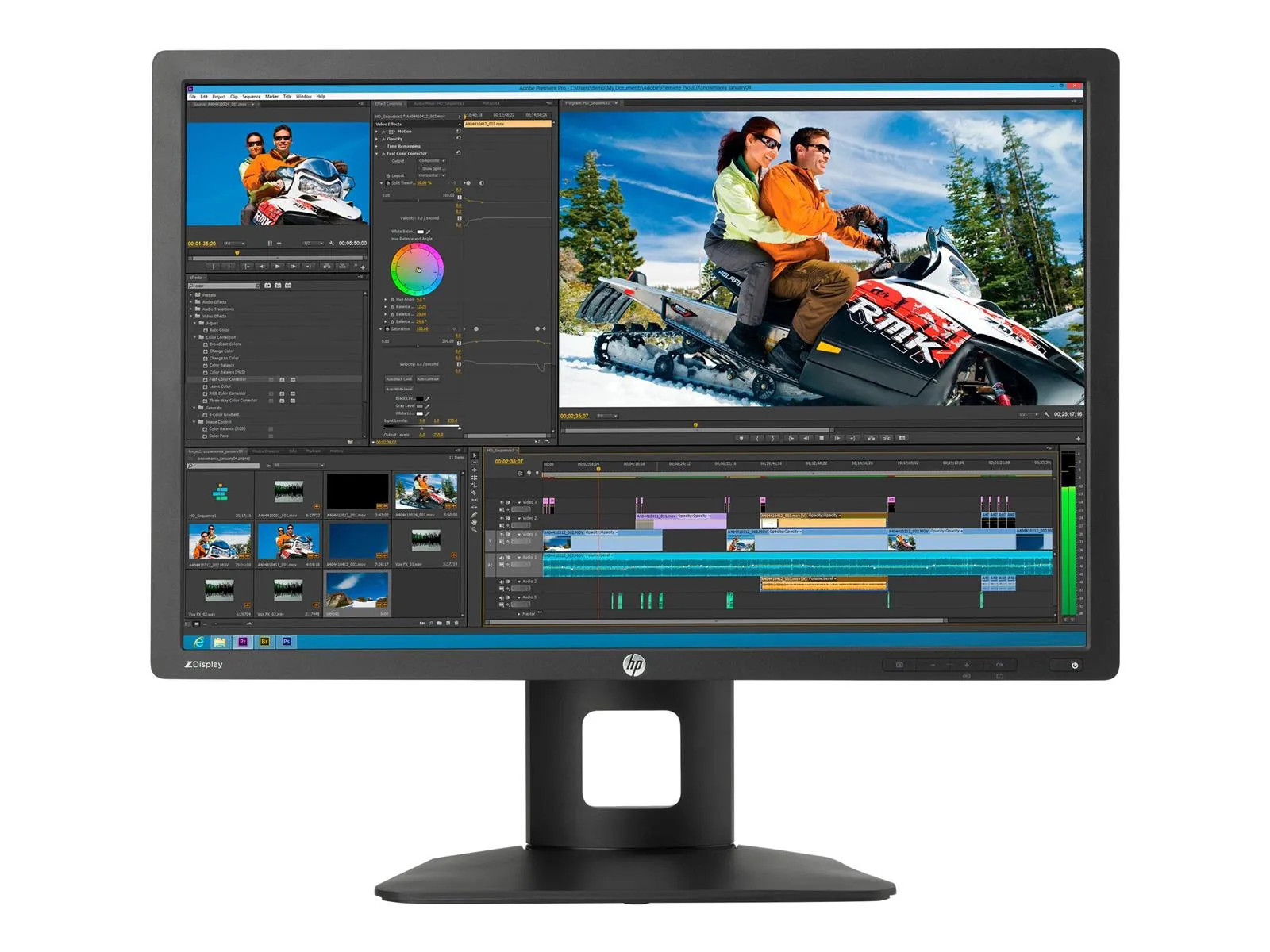 HP Z24i Monitor mit 24-Zoll-Display, dargestellt mit geöffneter Videoschnittsoftware und Bildbearbeitung