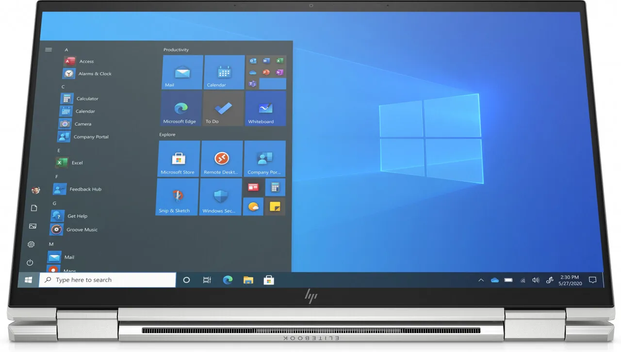 HP Laptop im Tabletmodus, flach hingelegt mit geöffnetem Windows-Startmenü auf dem Bildschirm