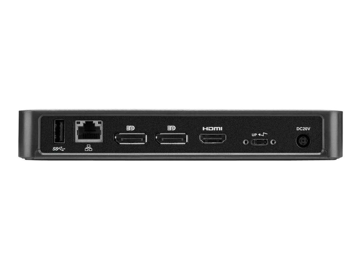 Anschlussübersicht auf der Rückseite einer Targus Dockingstation, inklusive Netzwerk, Monitor- und USB-Anschlüssen