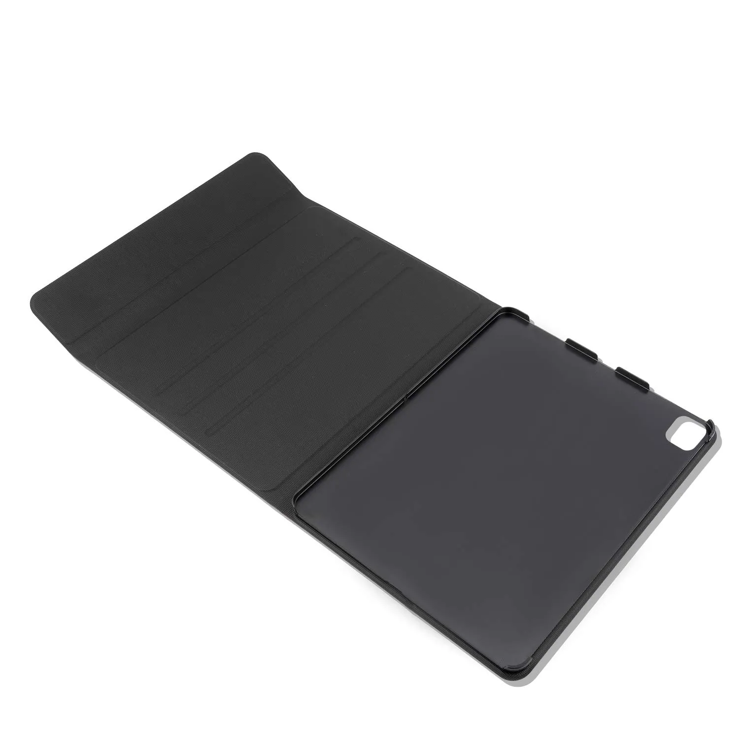 Geöffnete schwarze 4smarts Flip Case Hülle für Apple iPad Pro 12.9, mit strukturierter Innenseite für flexible Standpositionen