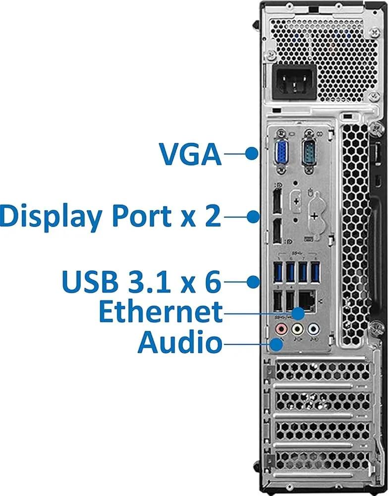Lenovo ThinkCentre Desktop-PC Rückansicht mit USB-, DisplayPort-, VGA- und Audioanschlüssen