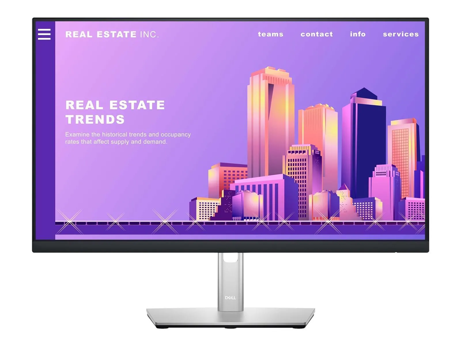 Dell LED-Monitor zeigt eine bunte Skyline-Grafik im Stil eines Immobilien-Dashboards