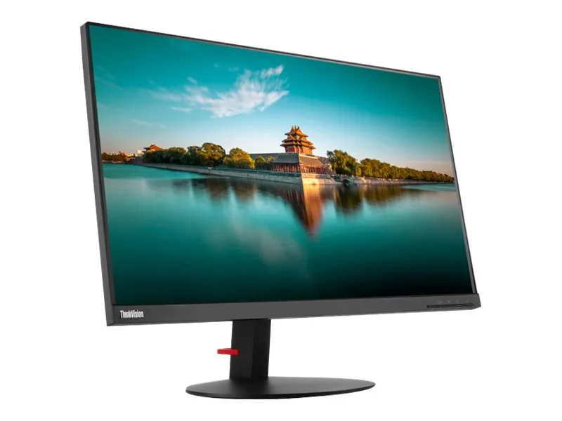 Seitlich geneigter Monitor mit Tempel und Wasserlandschaft auf dem Display