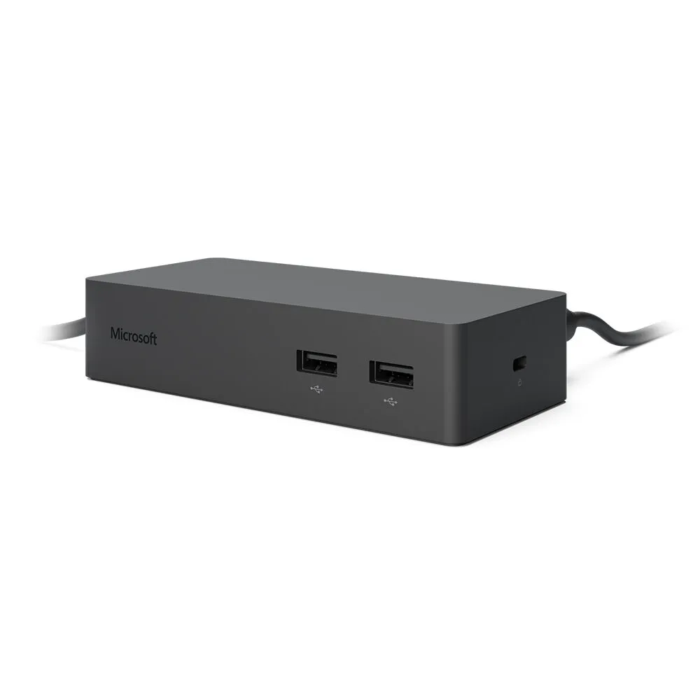 Microsoft Surface Docking Station Modell 1661 in Schwarz, schräg von vorne mit sichtbaren Anschlussports und fest integriertem Kabel