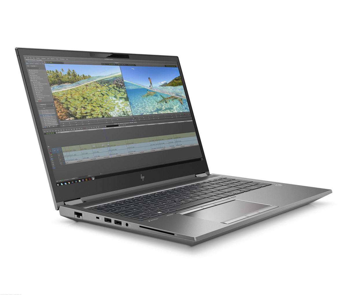 Grauer HP Laptop seitlich fotografiert mit geteiltem Bildschirm für Foto- und Videobearbeitung