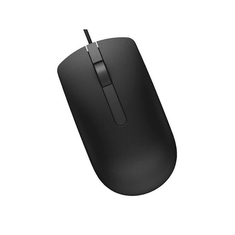 Schwarze kabelgebundene Maus leicht schräg dargestellt mit sichtbarem Scrollrad