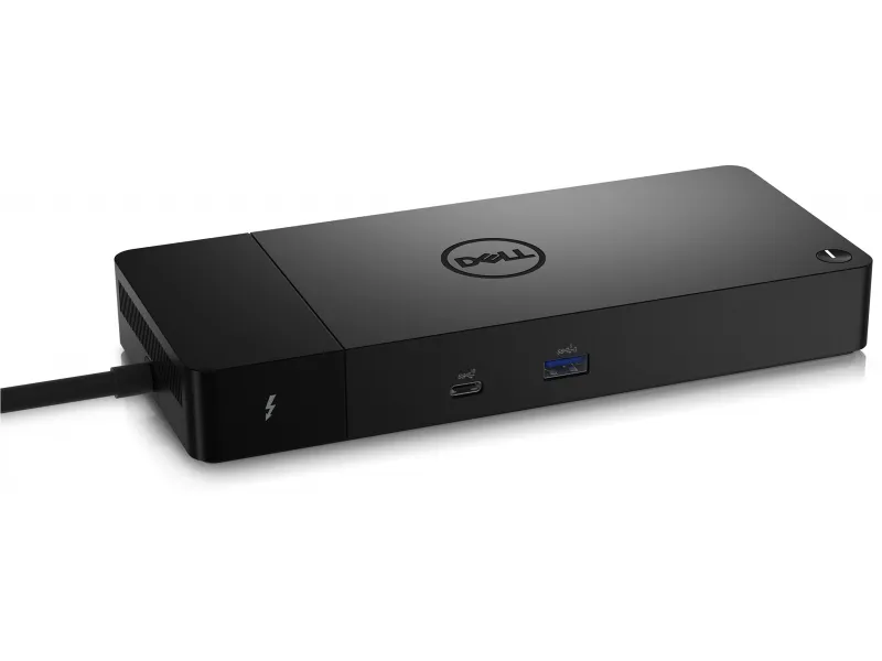 Dell WD22TB4 Dockingstation schräg von vorne mit Anschlussbereich und Kabel