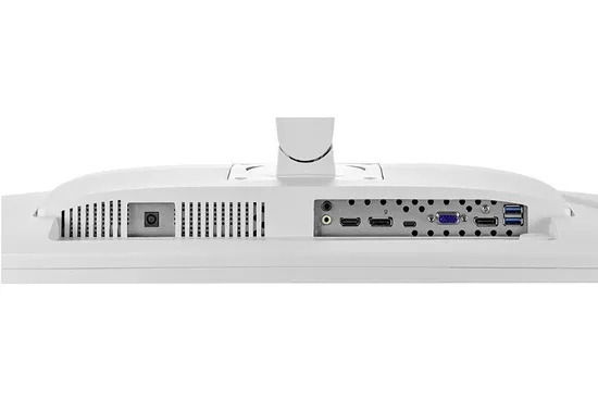 Technische Rückseite eines Monitors mit vielseitigen Anschlussmöglichkeiten in einem weißen Gehäuse
