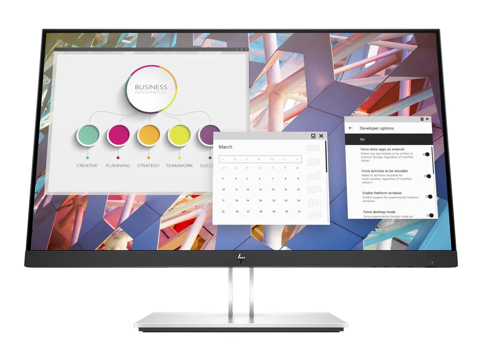Flacher HP-Bildschirm mit farbenfroher Benutzeroberfläche und Tools zur Projektplanung