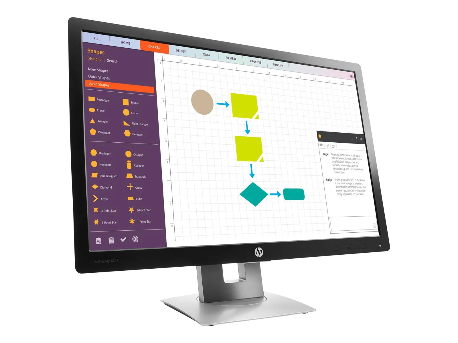 HP EliteDisplay E242 Monitor mit geöffnetem Programmfenster und Diagramm auf dem Bildschirm
