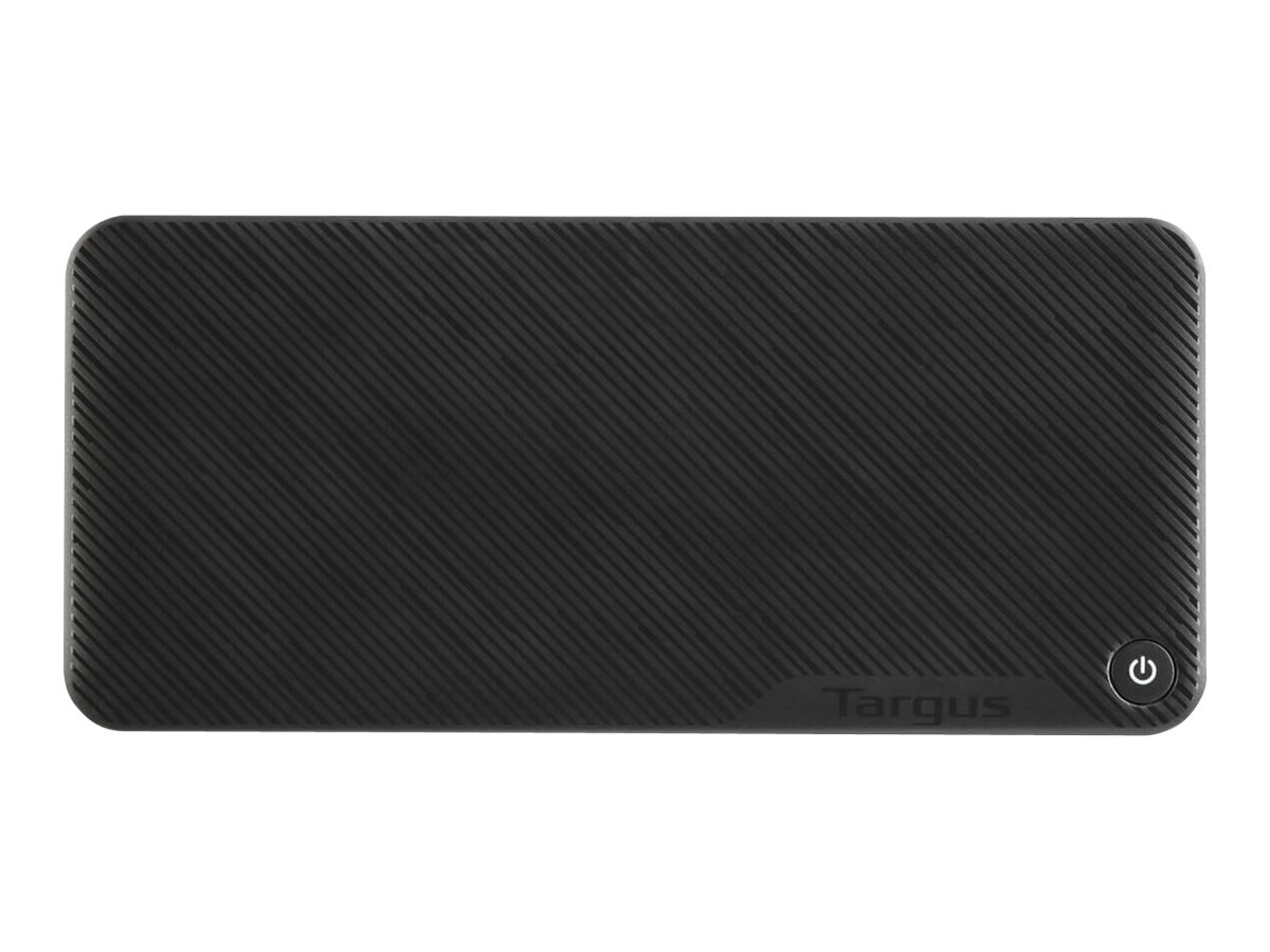 Oberansicht einer schwarzen Targus-Dockingstation mit geriffelter Oberfläche und Power-Taste