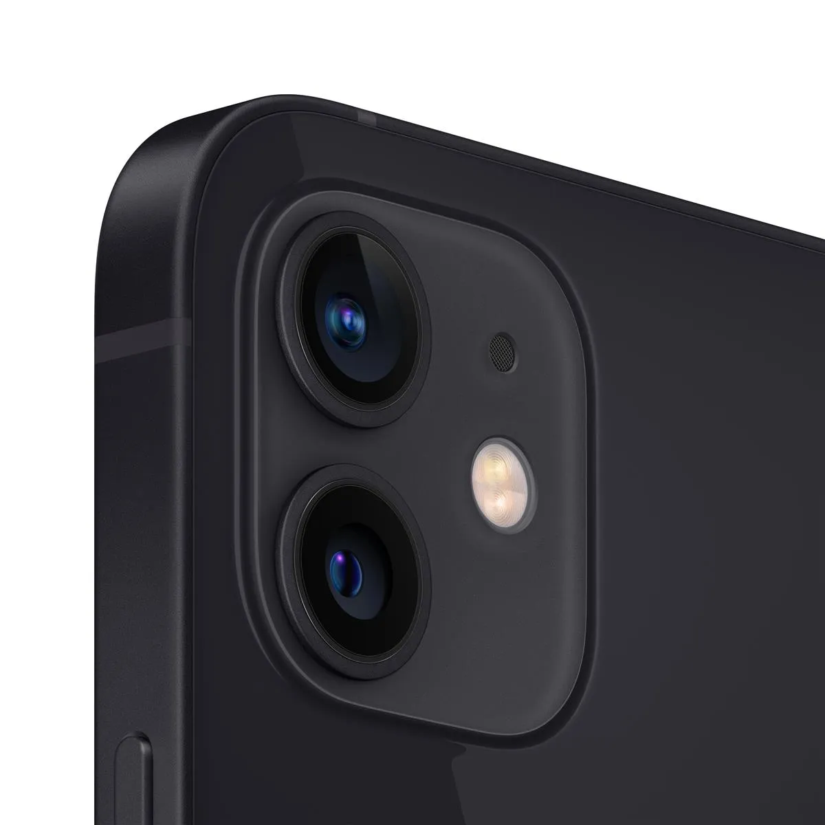 Detailansicht eines schwarzen iPhones mit zwei Kameraobjektiven und LED-Blitz in glänzendem Gehäuse