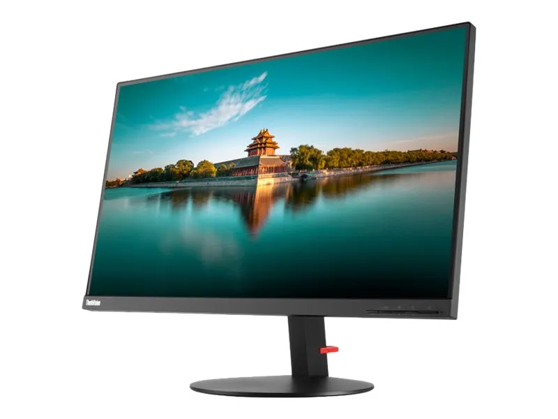 Monitor in Winkelansicht, Bildschirm zeigt asiatische Landschaft mit See und Pavillon