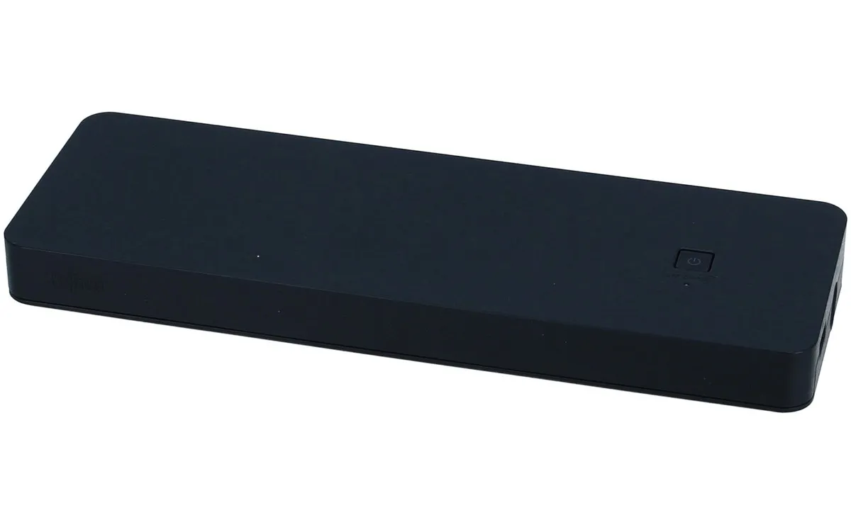 Schwarze Fujitsu Thunderbolt 4 Dockingstation mit Power-Taste auf der Oberseite