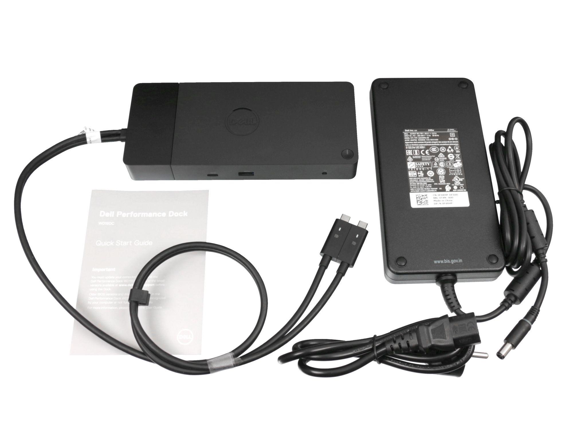 Lieferumfang der Dell WD19DCS K20A Dockingstation: Dockingstation, 240W-Netzteil, Netzkabel, USB-C-Kabel und Anleitung