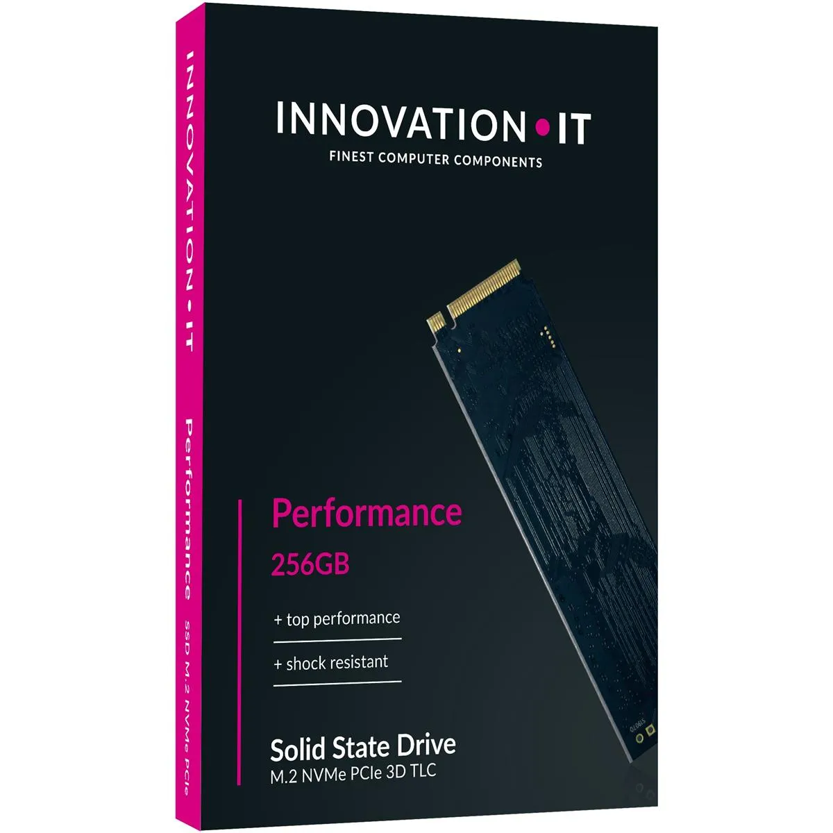Designverpackung für eine 256GB NVMe PCIe SSD mit Hinweis auf Stoßfestigkeit