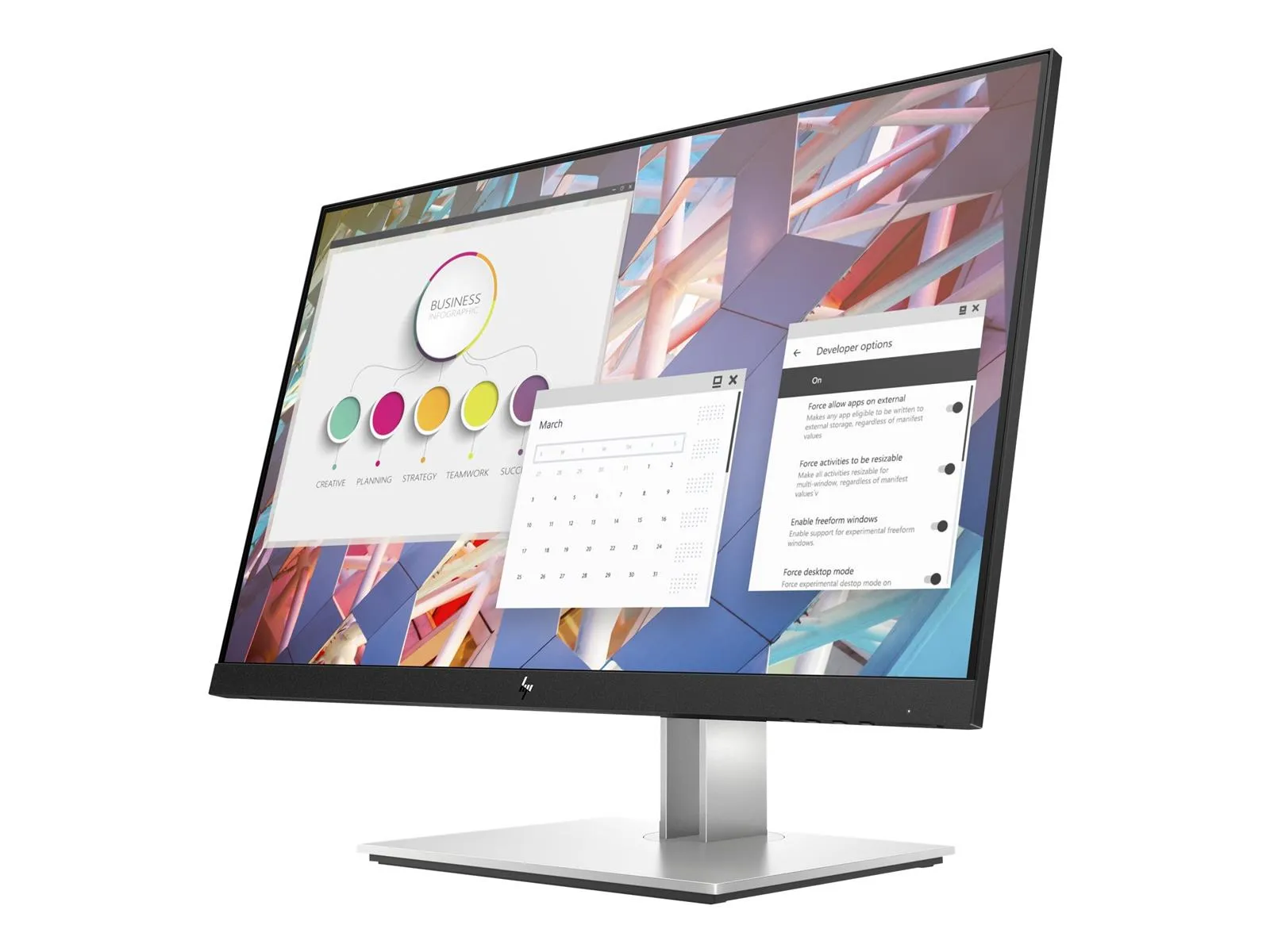 HP E24 G4 Monitor mit flachem Bildschirm und modernem Standfuß in Perspektivansicht