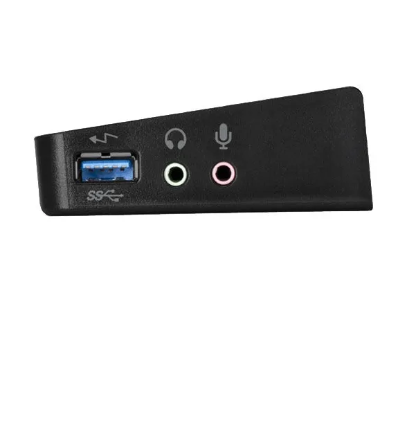 Dockingstation-Seite mit Thunderbolt-Symbol, USB-Anschluss sowie Audio- und Mikrofoneingängen