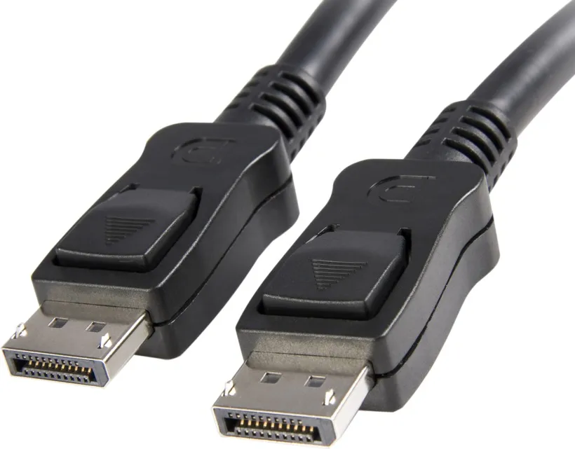Zwei schwarze DisplayPort-Stecker mit Verriegelungstaste in Nahaufnahme