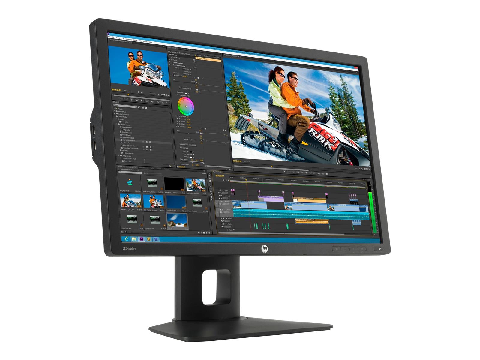 HP Z24i Monitor | 24" | WUXGA | Schwarz | Stärkere Gebrauchsspuren HP Z24i Monitor – schräge Frontansicht mit eingeschaltetem Display (links)