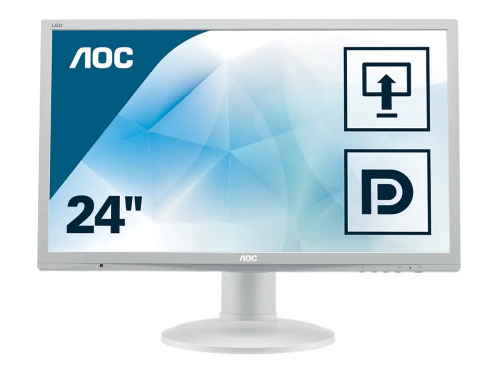 AOC-Monitor in Frontalansicht mit hellgrauem Rahmen, 24-Zoll-Anzeige und DisplayPort-Symbolen