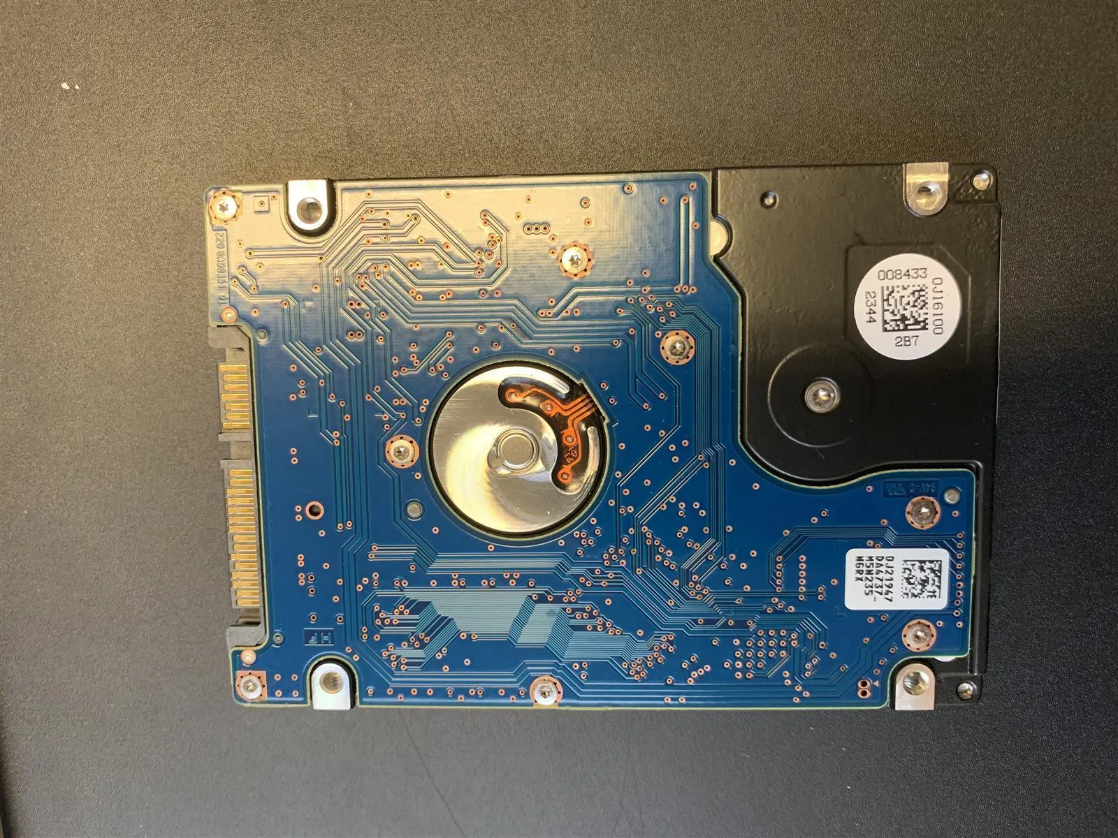 Rückseite einer 2,5-Zoll SATA Festplatte mit sichtbarer blauer Leiterplatte und Anschlüssen