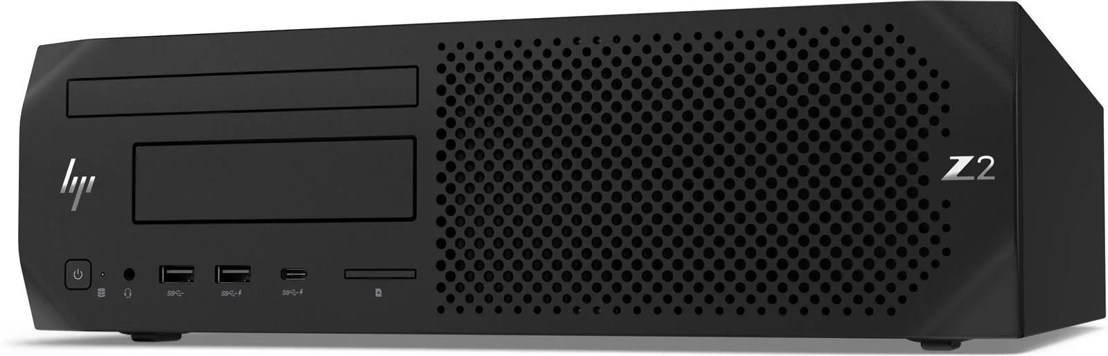 HP Z2 Workstation in niedriger Schrägansicht von vorn links, mit Laufwerk und Lüftungsgitter