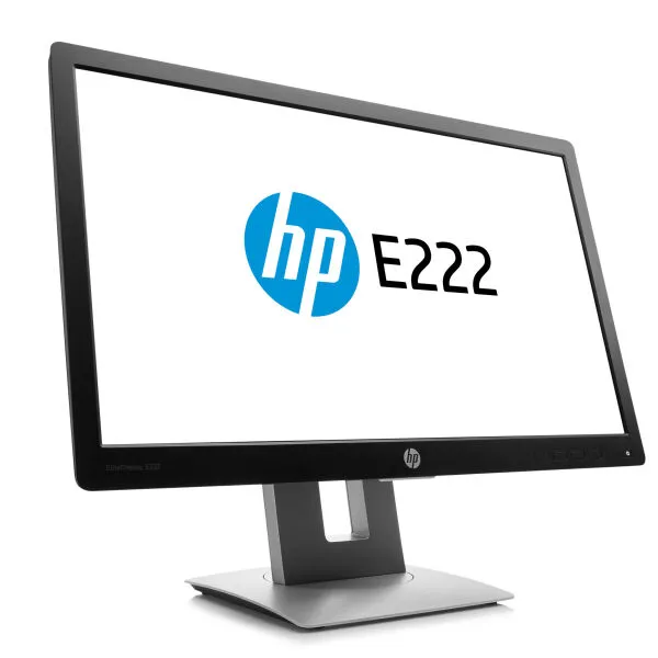 Schräg links von vorne fotografierter HP E222 Monitor mit weißem Bildschirm und HP-Logo
