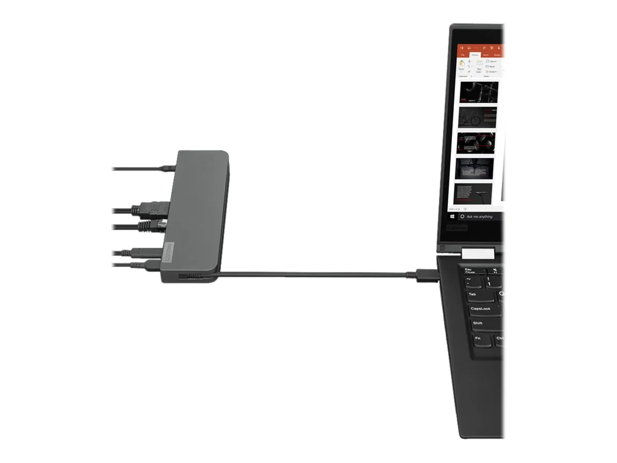 Angeschlossene Lenovo-Dockingstation mit diversen Kabelverbindungen zu einem Laptop via USB-C