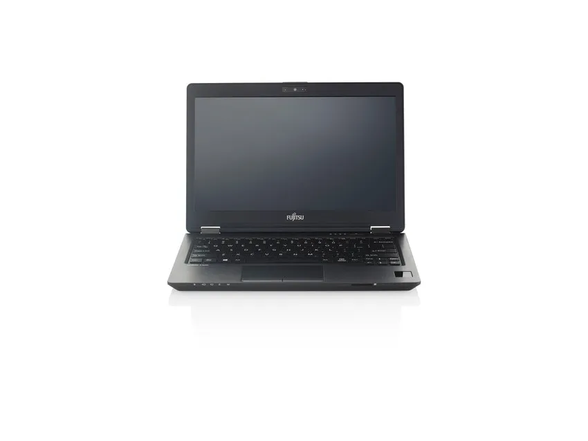 Fujitsu-Laptop in Schwarz, geöffnet mit ausgeschaltetem Display und sichtbarer Tastatur