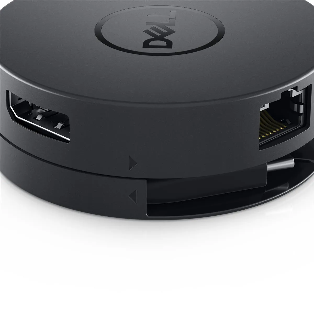 Dell USB-C Adapter in Nahaufnahme mit sichtbaren HDMI- und LAN-Anschlüssen