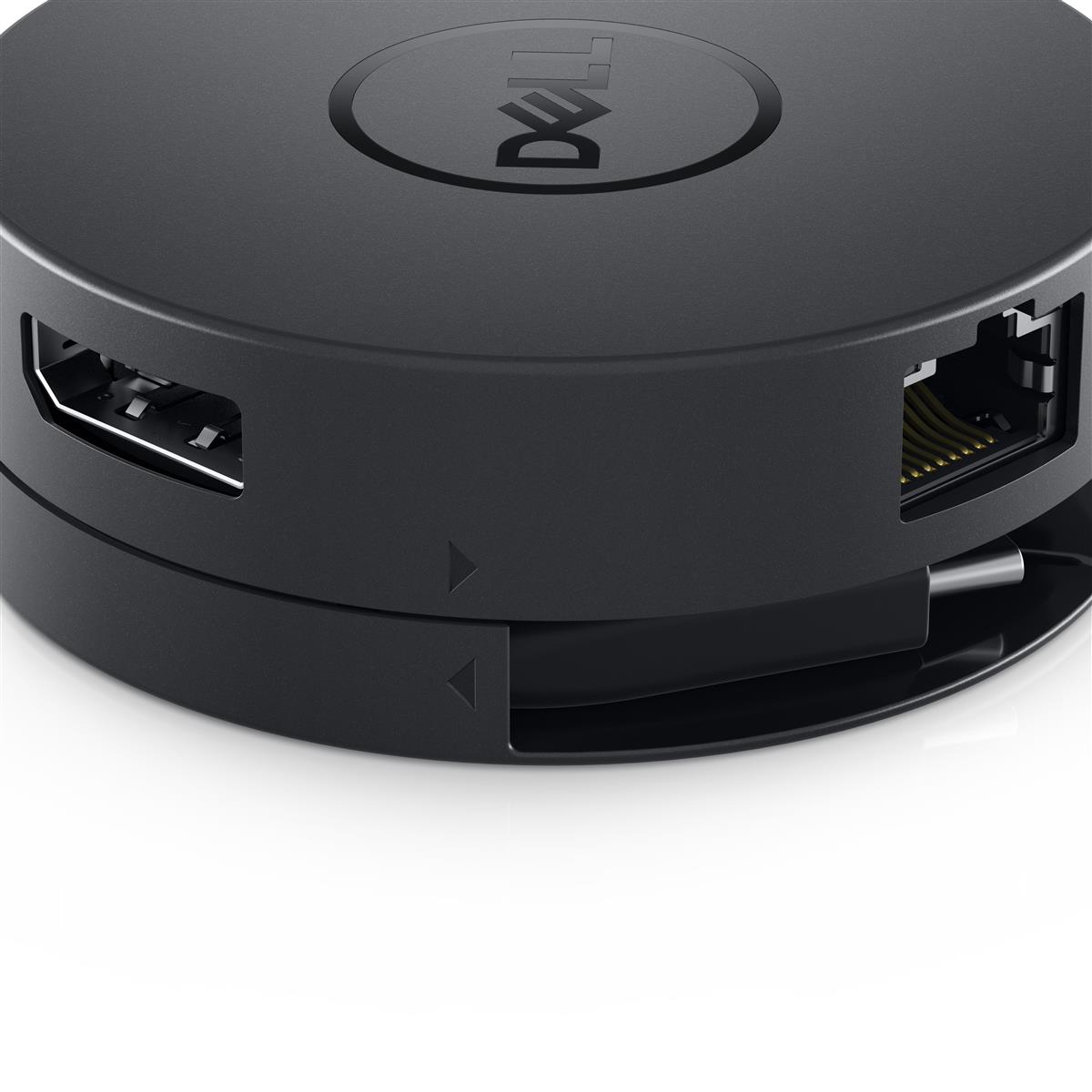 Dell USB-C Adapter in Nahaufnahme mit sichtbaren HDMI- und LAN-Anschlüssen