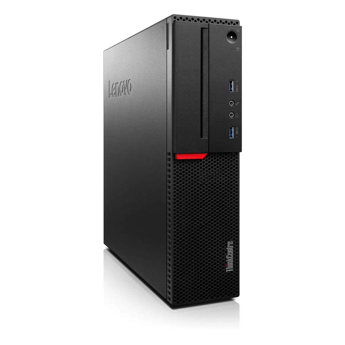 Vertikal aufgestellter Lenovo ThinkCentre Tower-Computer mit strukturiertem Frontpanel und Anschlüssen