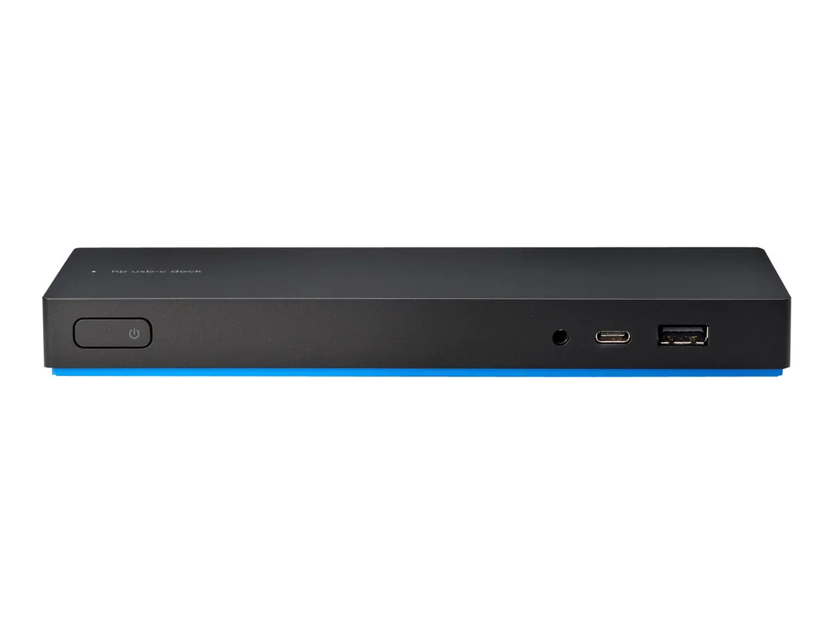 Praktische Vorderseite einer HP Dockingstation mit Bedienknopf und Anschlüssen für Peripherie