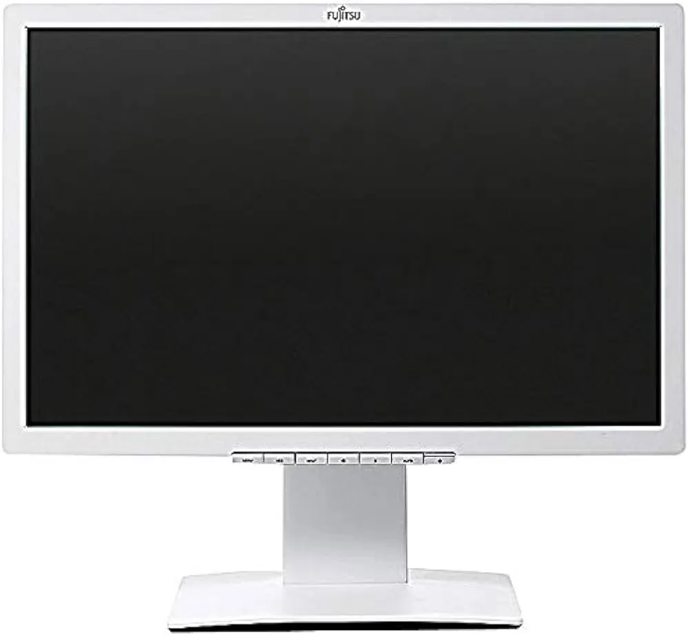 Fujitsu B22W-7 Monitor in Weiß, Frontalansicht mit schwarzem Bildschirm und sichtbarem Markenlogo oben