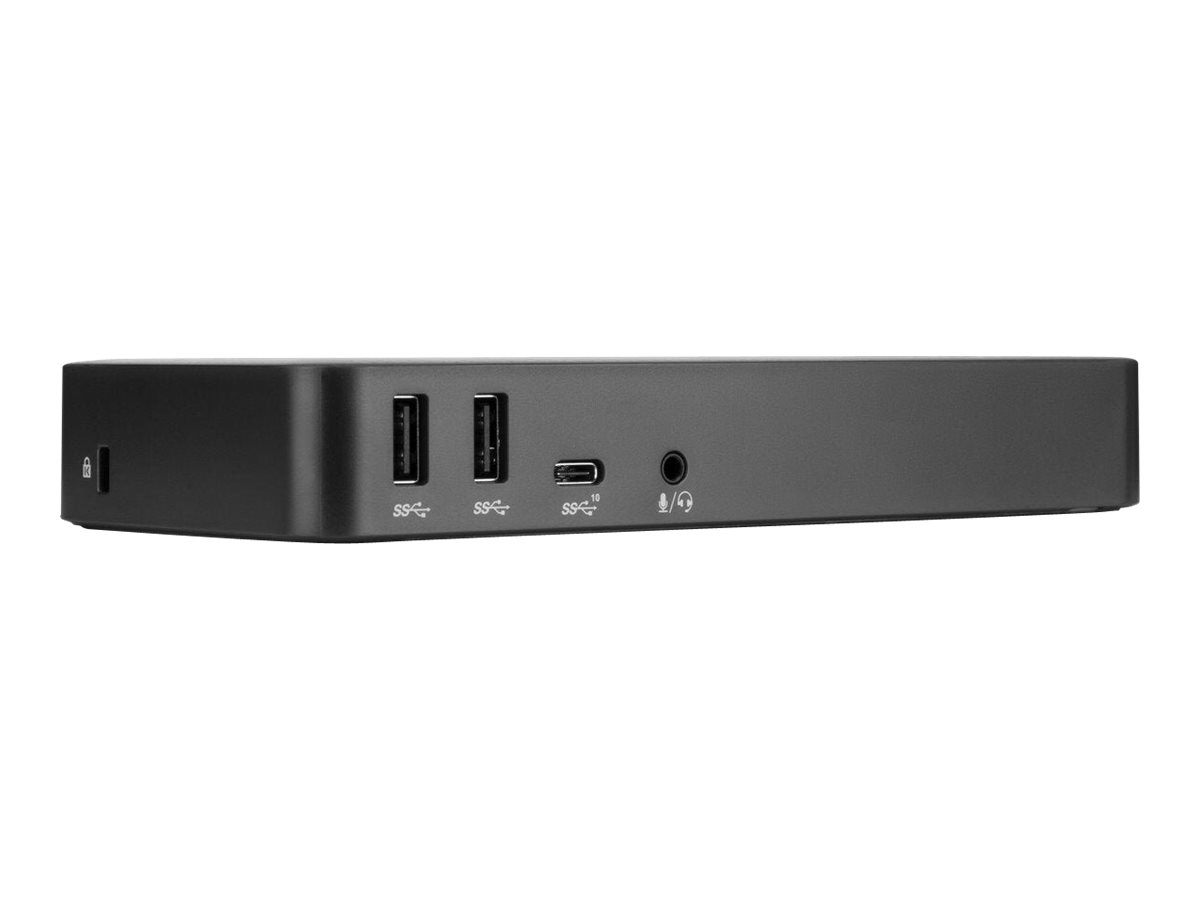 Seitenansicht einer schwarzen Dockingstation mit zwei USB-A-Anschlüssen, einem USB-C-Anschluss und einem Audioanschluss