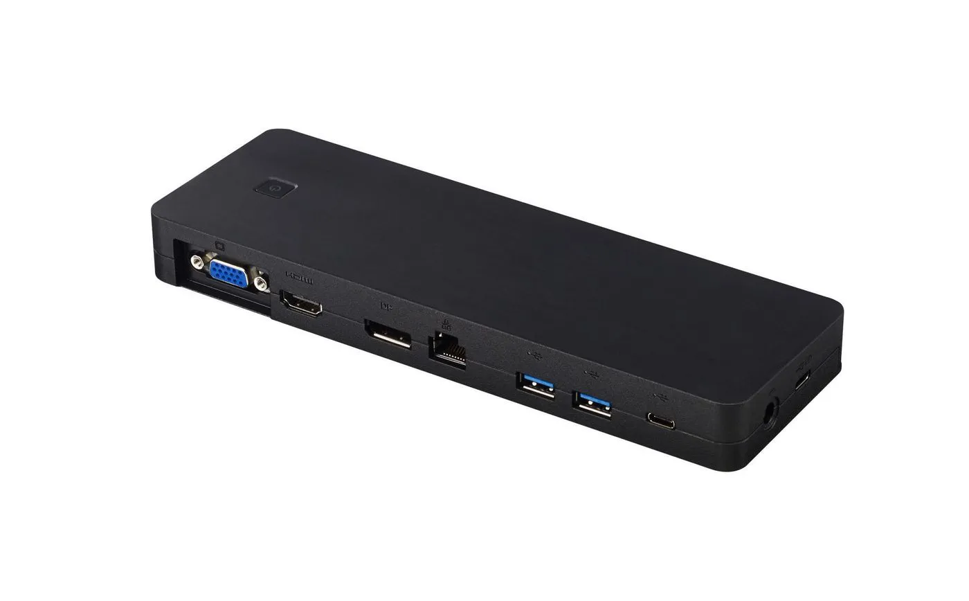Schräg dargestellte Fujitsu USB-C Dockingstation mit Anschlussleiste für Monitore und USB Geräte