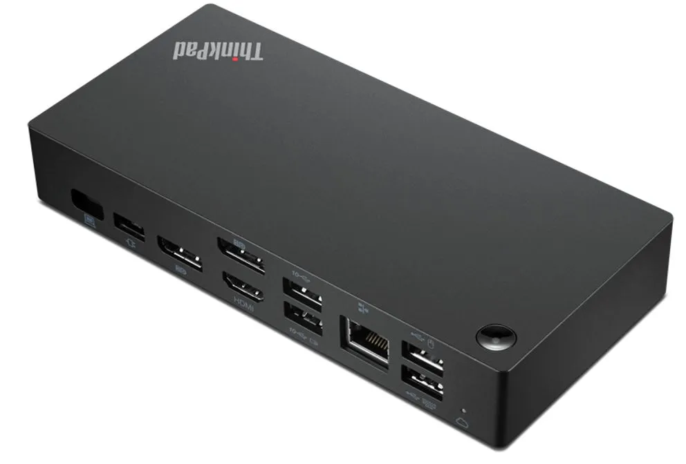 Lenovo ThinkPad Dockingstation in schräger Ansicht mit Display-, USB- und LAN Anschlüssen