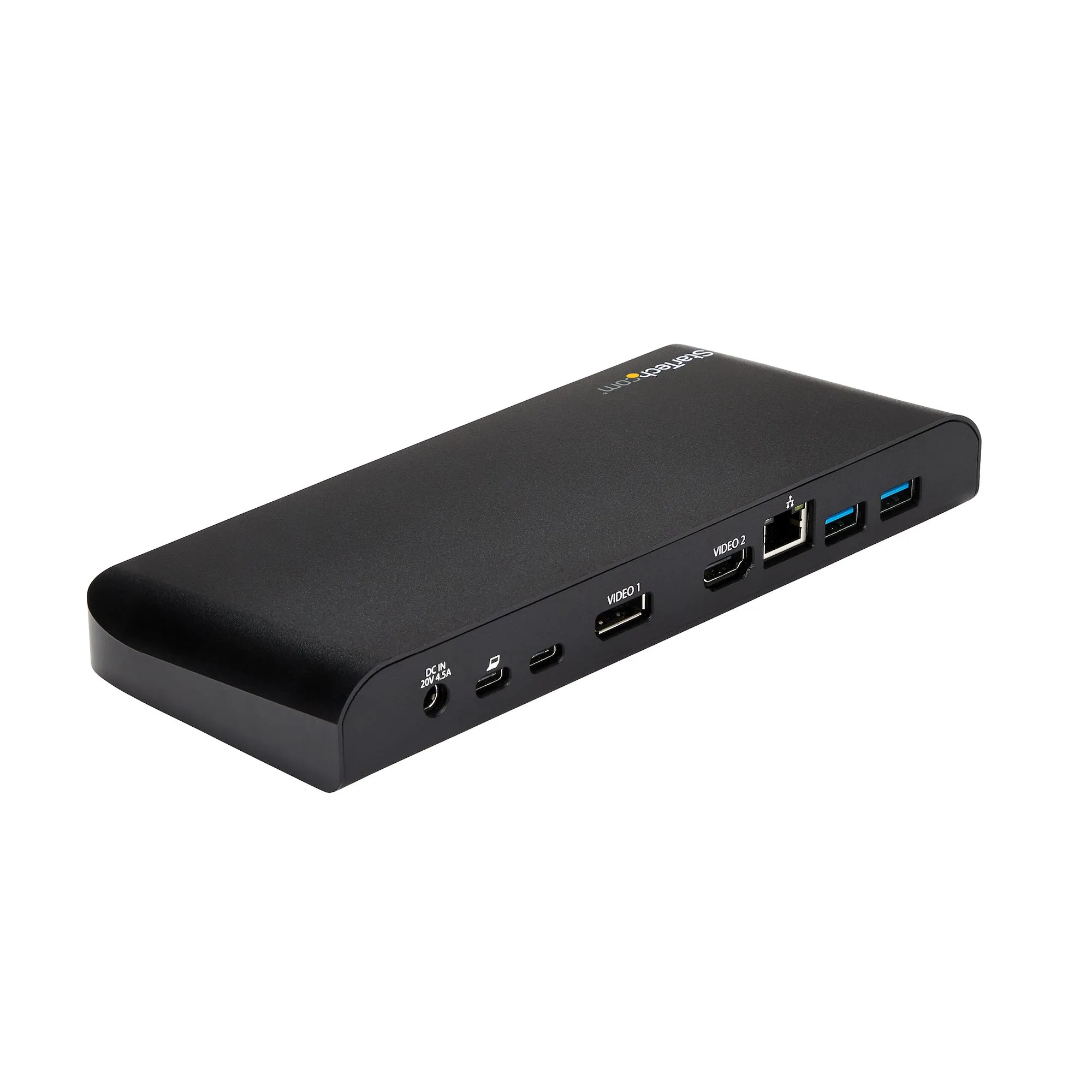 StarTech USB-C Dockingstation in schräger Ansicht mit HDMI, USB und LAN Anschlüssen