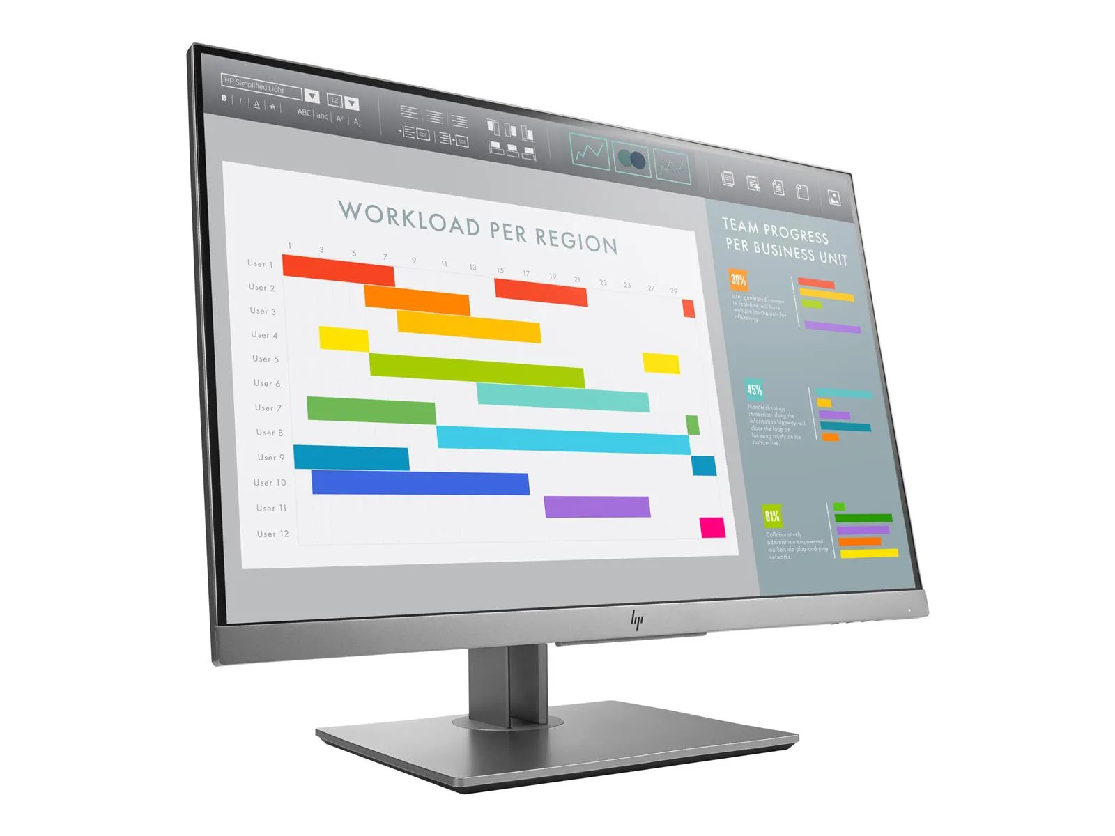Eleganter HP Monitor mit rechteckigem Standfuß, auf dem Datenvisualisierungen und Statistiken zu sehen sind