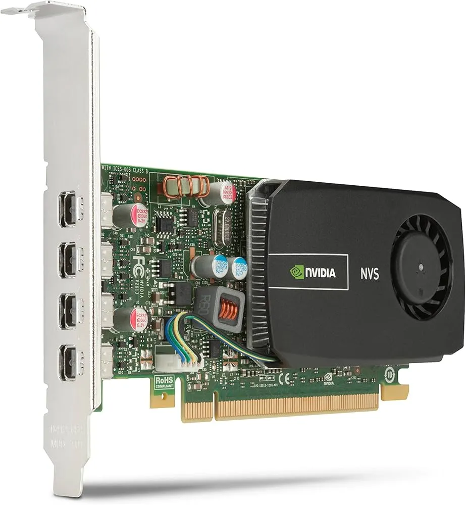 PCIe-Grafikkarte von NVIDIA NVS mit schwarzem Kühlgehäuse und Radiallüfter