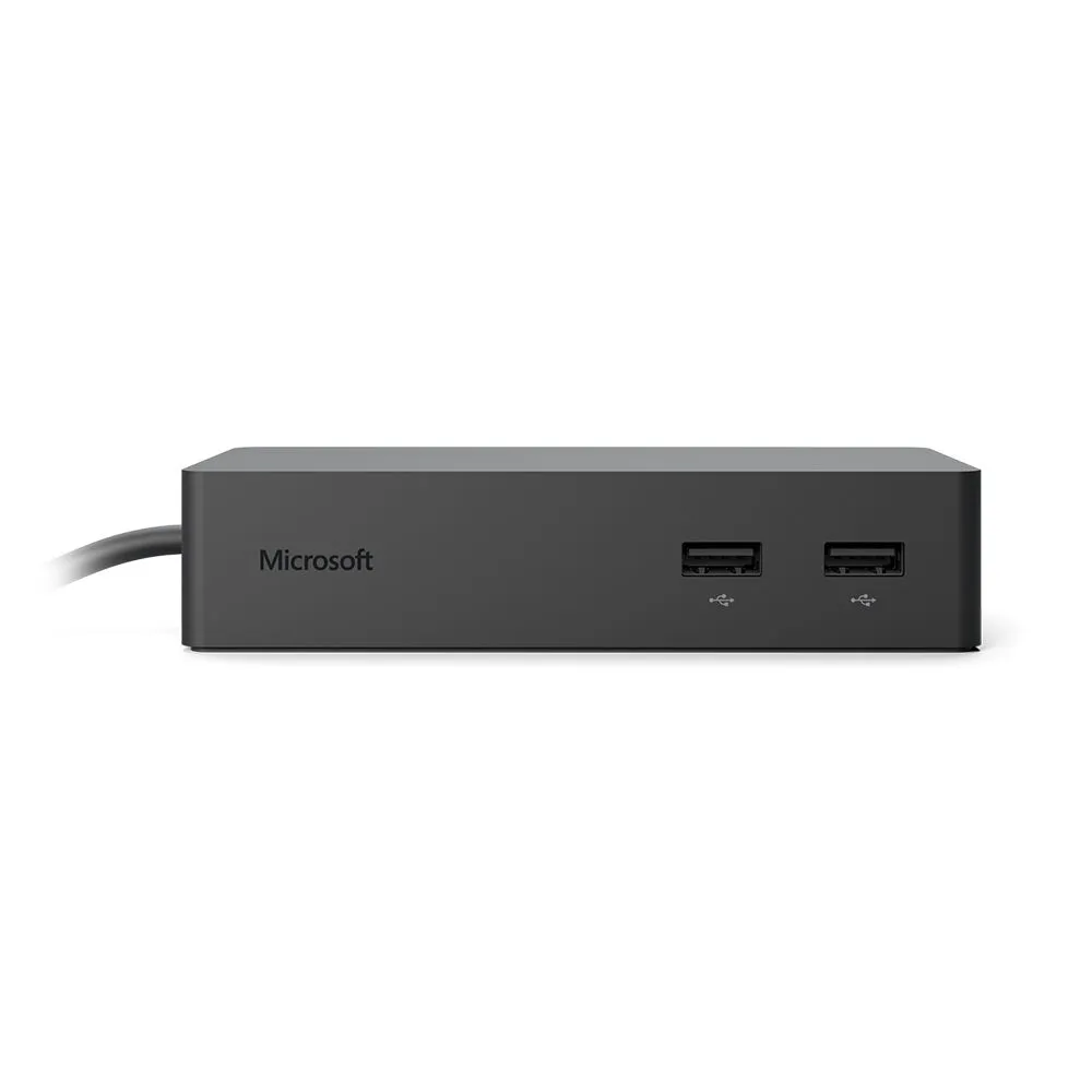 Microsoft Surface Docking Station Modell 1661 in Schwarz, von vorne mit sichtbaren Anschlussports und fest integriertem Kabel