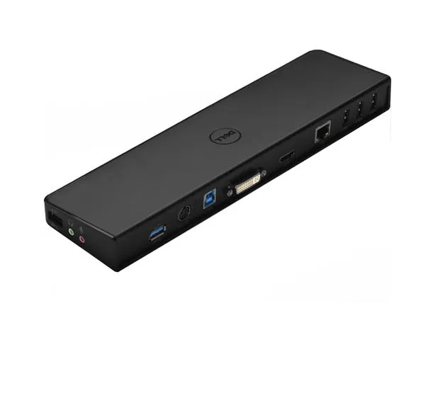 Schwarze Dell Dockingstation mit diversen Anschlussmöglichkeiten, darunter USB, DVI, Ethernet und Audio