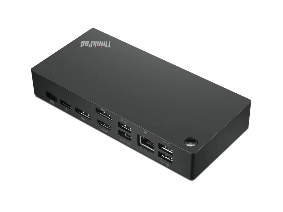 Lenovo ThinkPad Dockingstation in Schwarz mit vielfältigen Schnittstellen, darunter Netzwerk- und Videoports